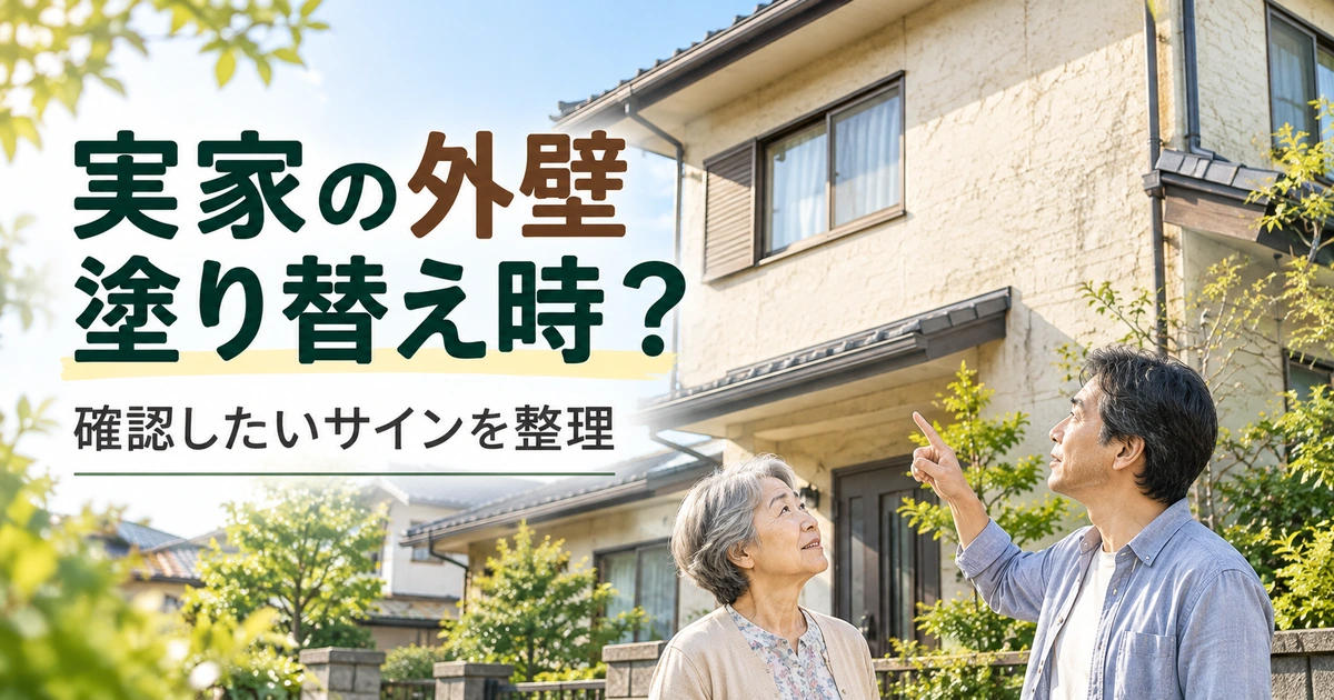 実家の外壁塗装を考えるタイミングについて、親と子世代が戸建て住宅の外壁を確認している様子