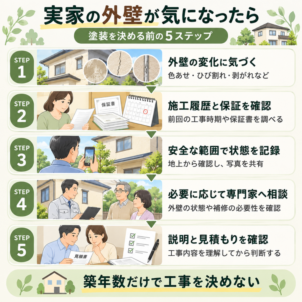 実家の外壁が気になったときに、外壁の変化、施工履歴と保証、安全な写真記録、専門家への相談、見積もり確認の5ステップを示した図解