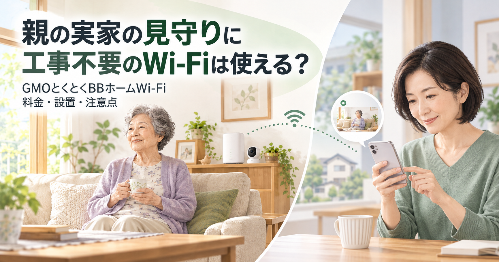 離れて暮らす親の実家にホームルーターと見守りカメラを設置し、子世代がスマートフォンから見守る様子