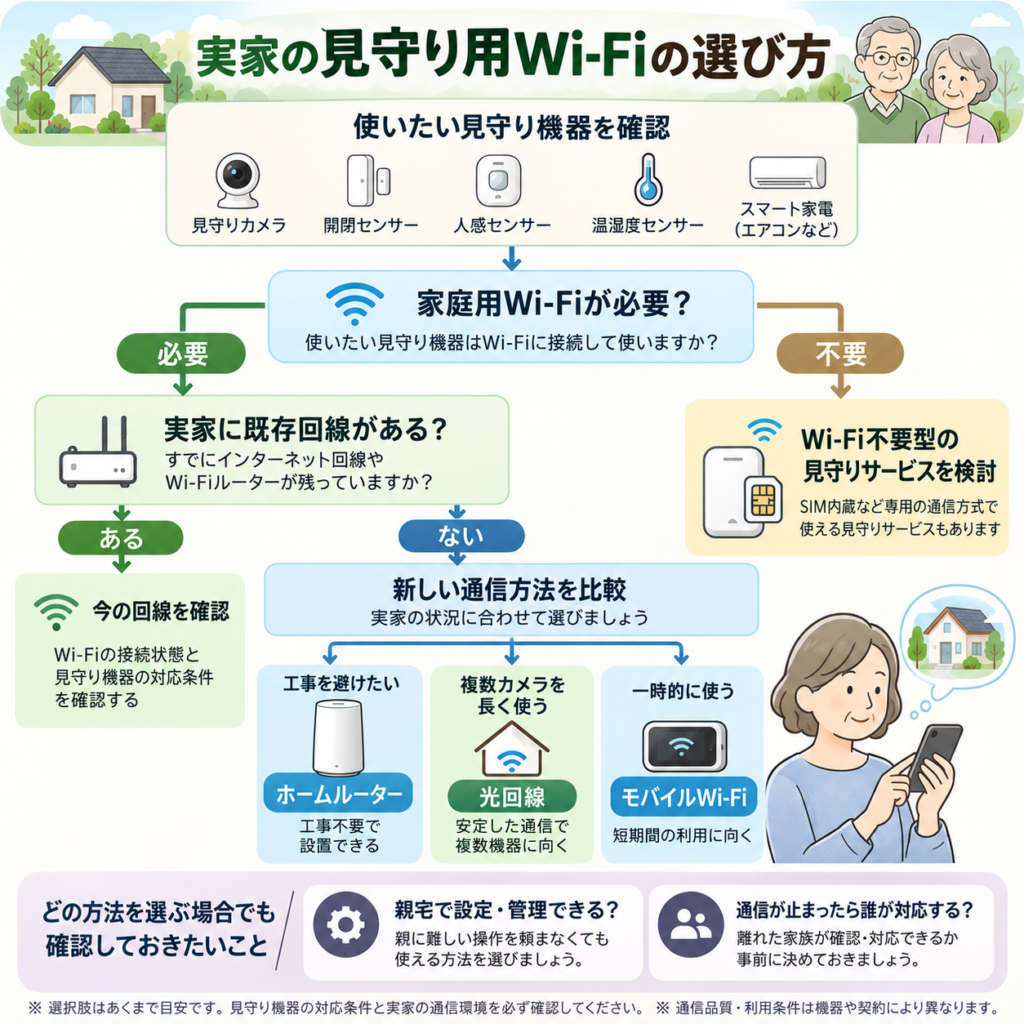 実家の見守り用Wi-Fiの選び方を示すフローチャート。既存回線、ホームルーター、光回線、モバイルWi-Fi、Wi-Fi不要型の選択肢と管理上の確認事項を整理