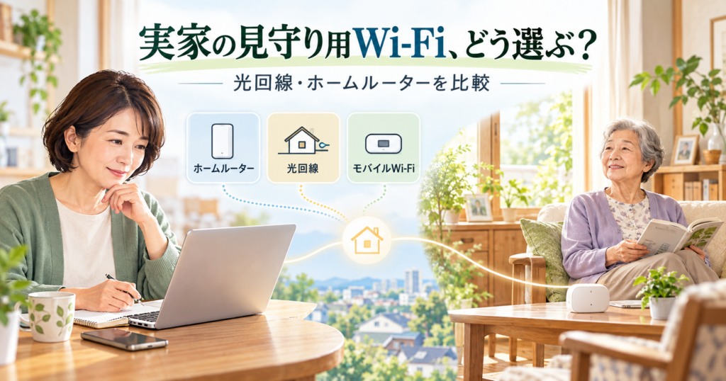 離れて暮らす親の見守り用Wi-Fiについて、子世代が光回線・ホームルーター・モバイルWi-Fiを比較しているイラスト