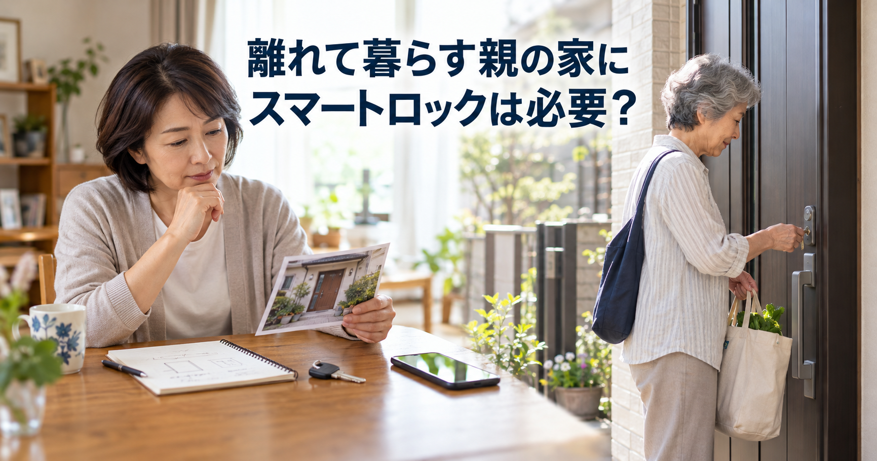 離れて暮らす親の家へのスマートロック導入を考える子世代と、玄関で普段の鍵を使う高齢の親