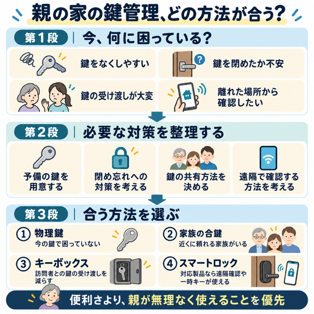 親の家の鍵管理で困っていることを整理し、物理鍵・合鍵・キーボックス・スマートロックから選ぶ3段階の判断図解