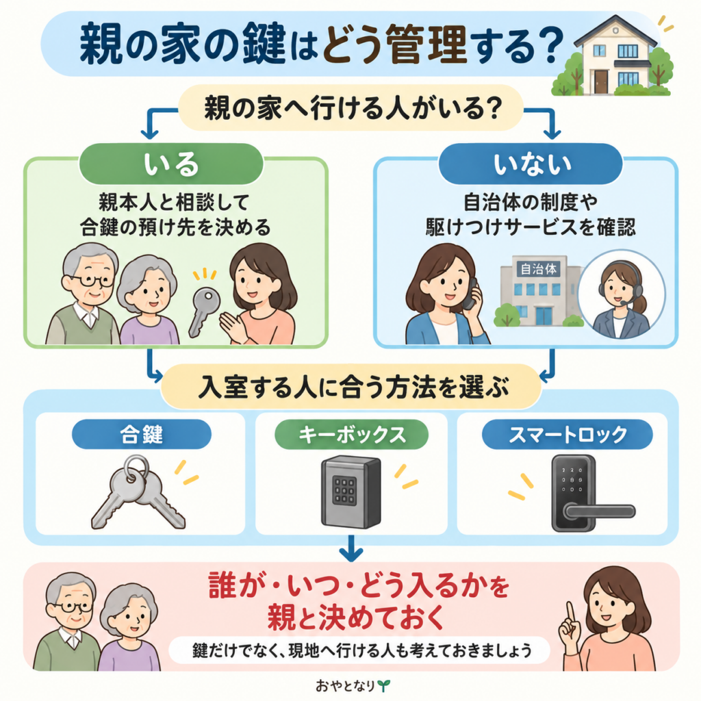 親の家へ行ける人の有無によって、合鍵の預け先や駆けつけサービスを確認し、入室方法を選ぶ流れを示した図解
