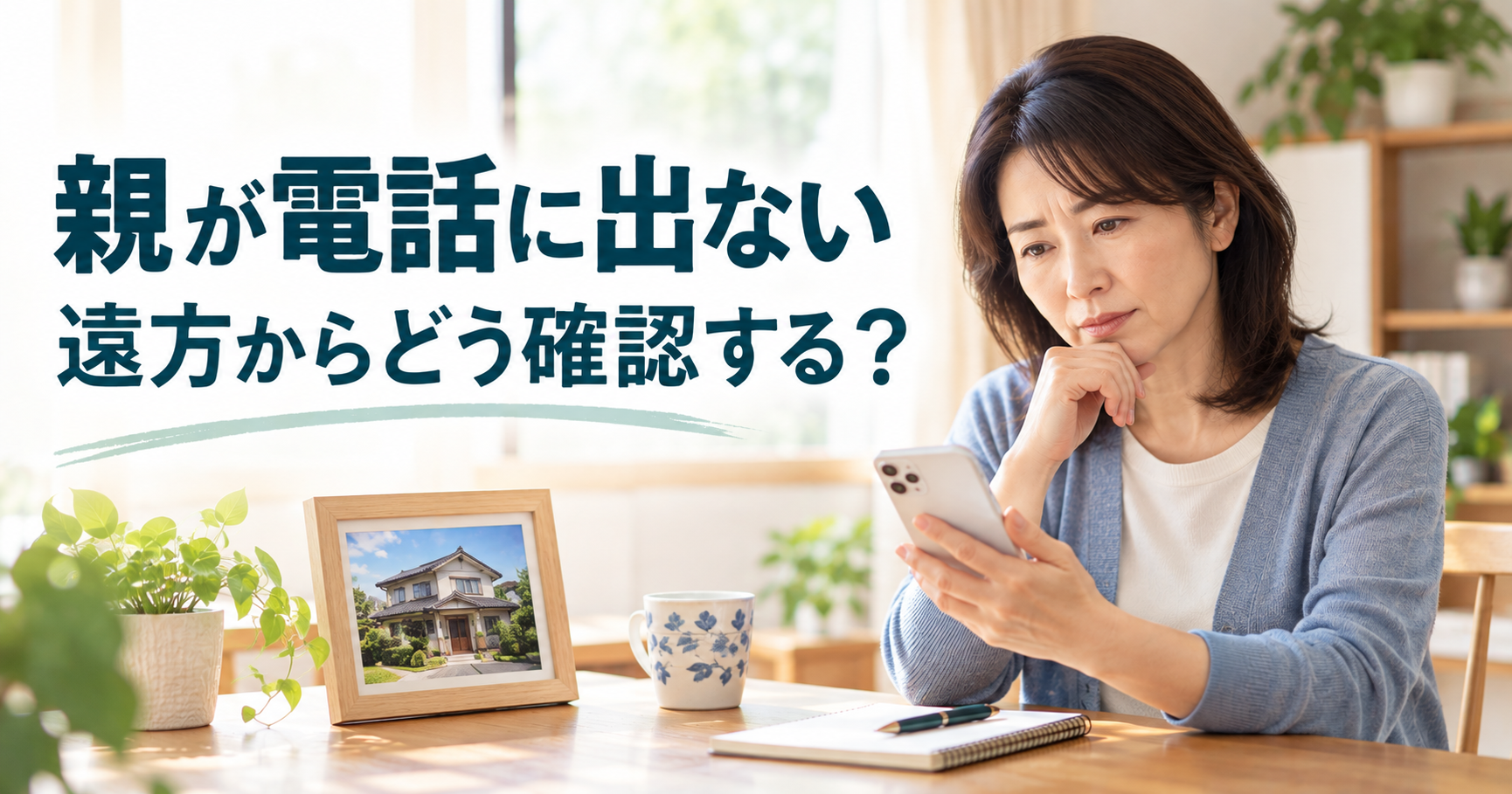 離れて暮らす親が電話に出ないため、自宅でスマートフォンを見ながら確認方法を考える子世代の女性