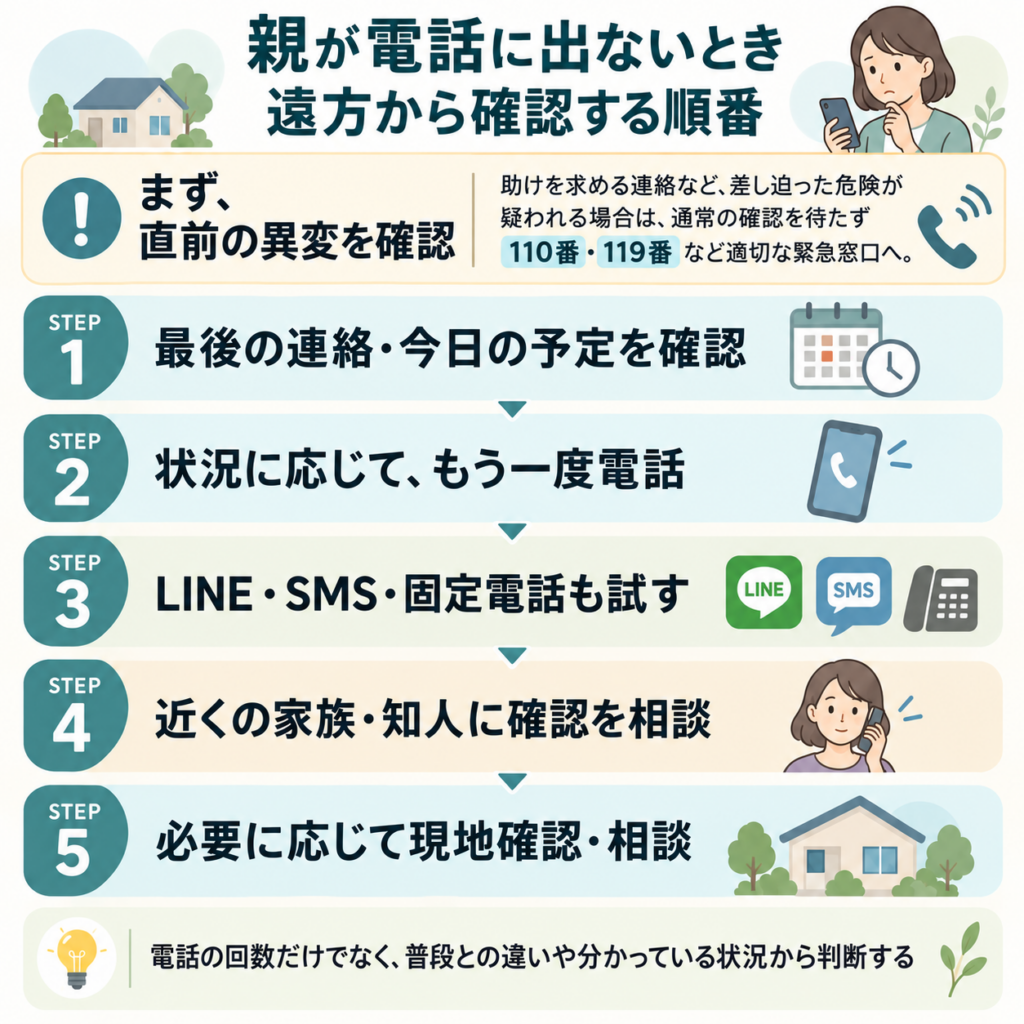 離れて暮らす親が電話に出ないときの確認手順。直前の異変を確認し、再連絡、別の連絡方法、近くの家族への相談、必要に応じた現地確認へ進む流れ