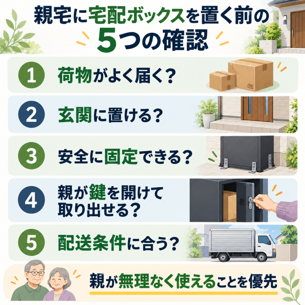 親宅に宅配ボックスを置く前の5つの確認。荷物の頻度、玄関スペース、安全な固定、親の鍵操作と荷物の取り出し、配送条件を図解。