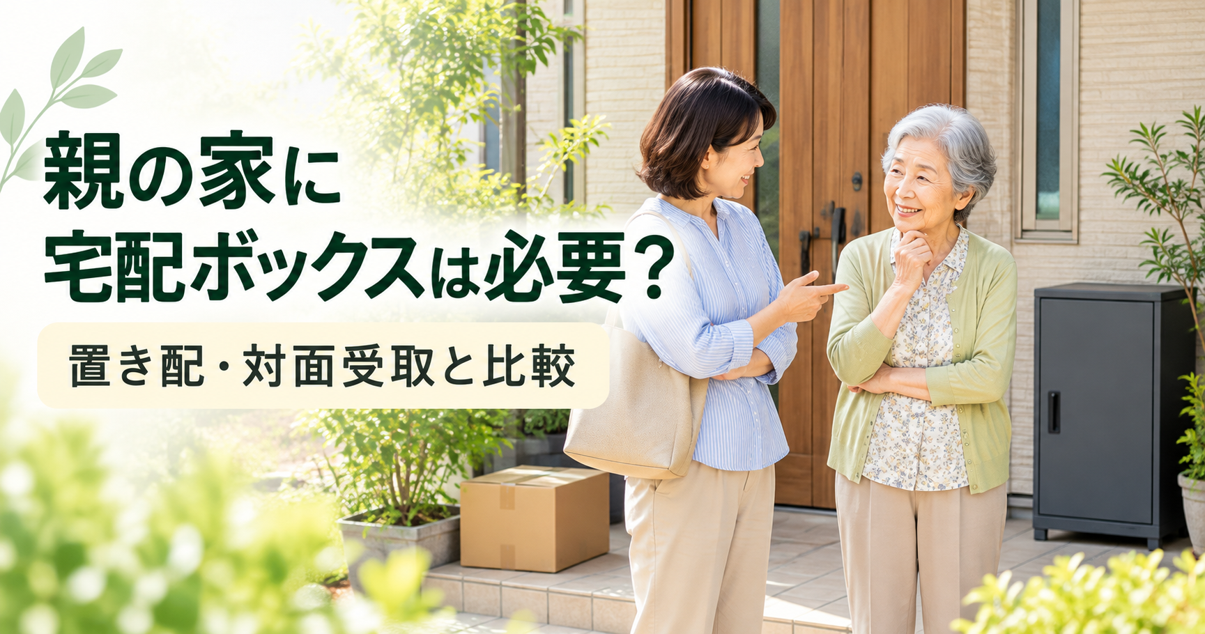 親の家の玄関で母親と娘が荷物の受け取り方を相談する様子。置き配の荷物と宅配ボックスが置かれている。