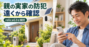 親の実家の玄関に設置した屋外防犯カメラと、離れた場所からスマートフォンで確認する子世代の男性