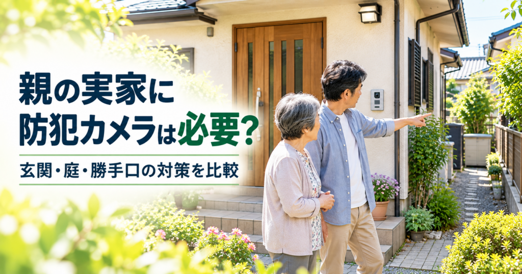 離れて暮らす親の実家で、息子と母親が玄関や庭、勝手口の防犯対策について相談している様子