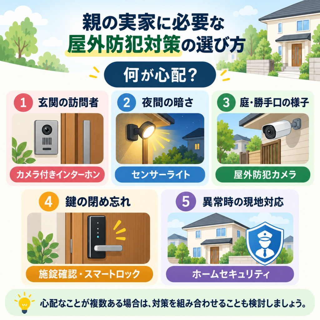親の実家に必要な屋外防犯対策を比較した図解。玄関のインターホン、センサーライト、屋外防犯カメラ、スマートロック、ホームセキュリティを紹介